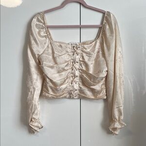 June & Hudson NWOT Cream Ruched Puff Criss Cross Closure Bohemian Blouse, Size L